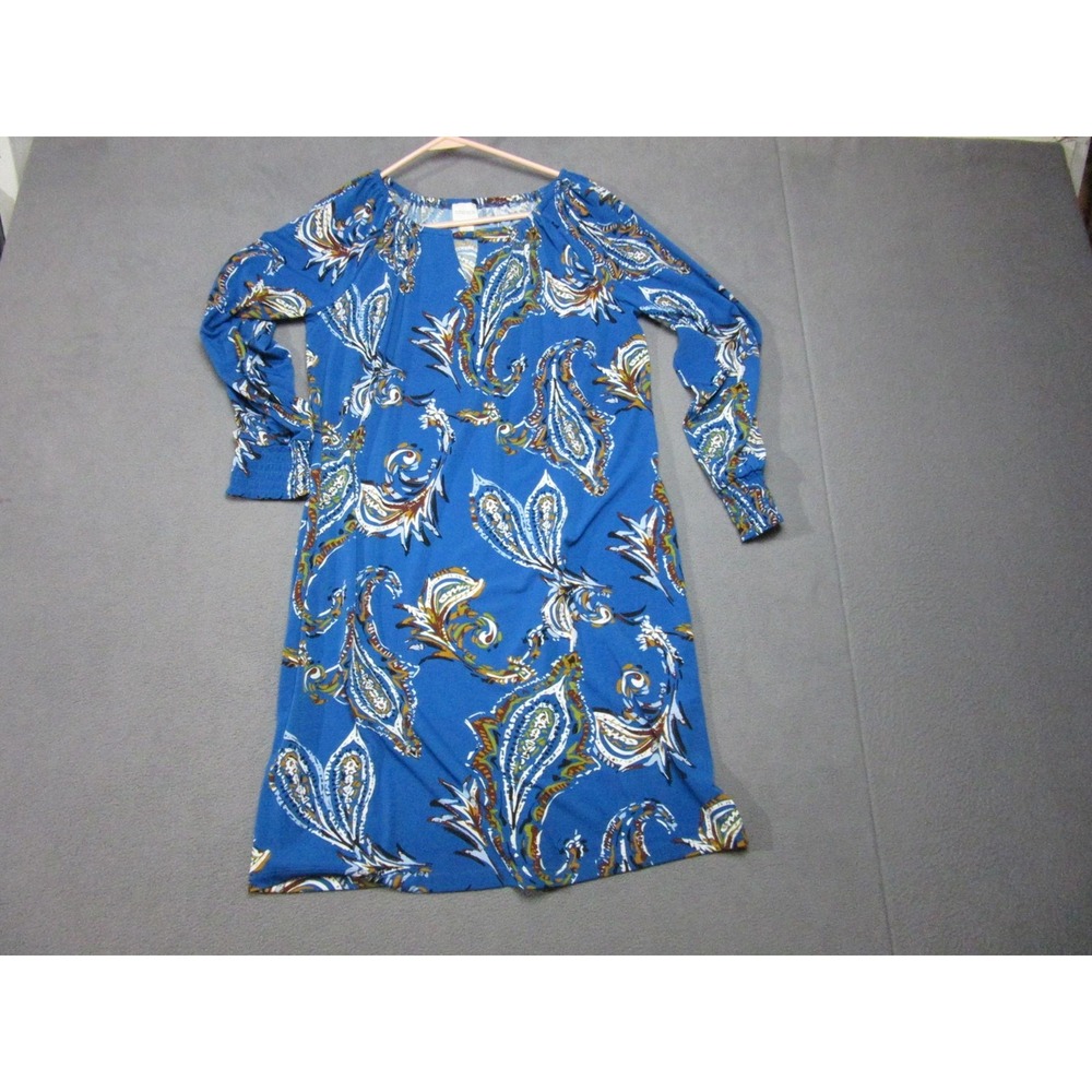Chico's Dress Womens 1 Blue Paisley Stretch Knit Long Sleeve Casual Knee Shift